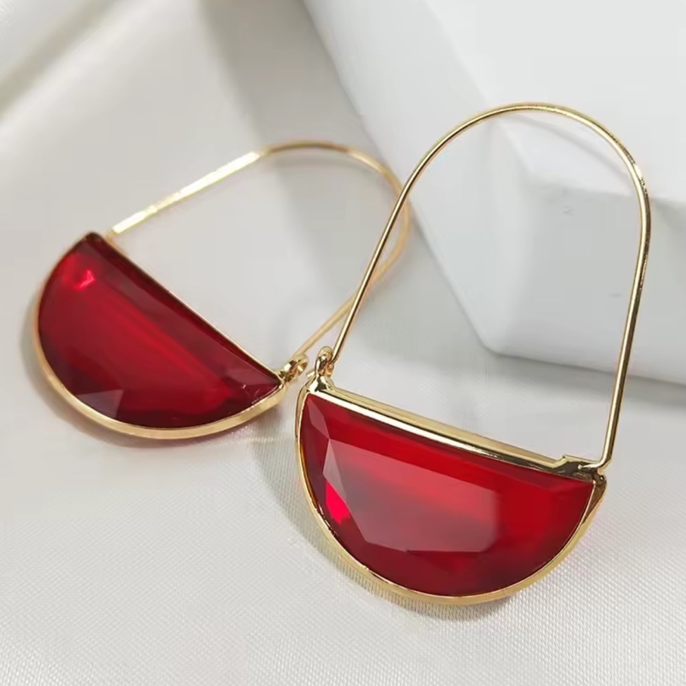 Red Crescent Hoop Gold Earrings